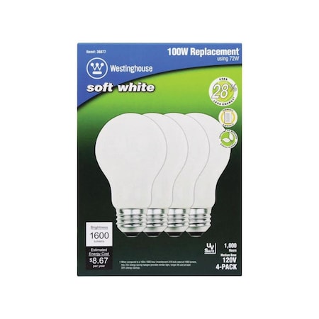 Westinghouse Eco 72 W A19 A-Line Halogen Bulb 1 600 lm Soft White , 4PK 3687700